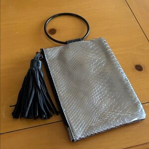 Silver Snakeskin Clutch with Black Tassel